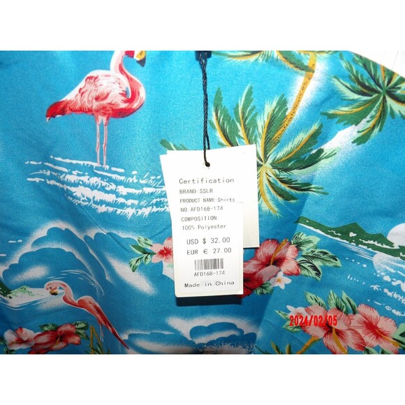 SSLR Mens‎ XL Blue Pink Flamingos and Palms Short Sleeve Button Hawaiian Shirt - Picture 4 of 4